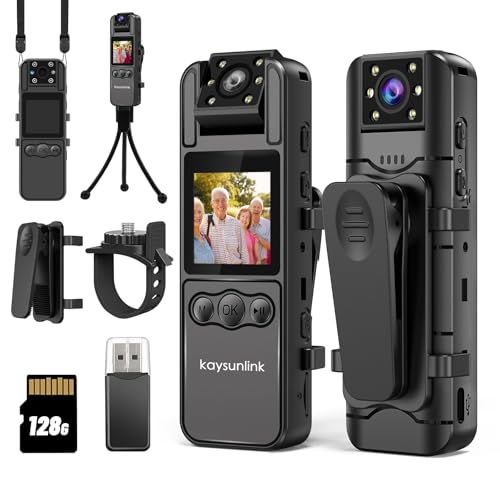 Kaysunlink 4K 128GB Body Camera with Night Vision, 1.4” Screen, Brown/Black