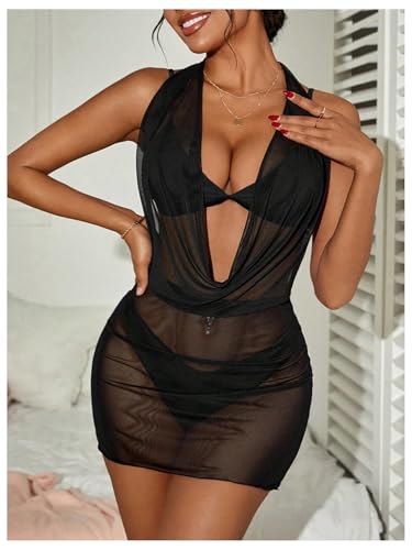 Women's Sheer Mesh Beach Cover Up Dress - Halter Style