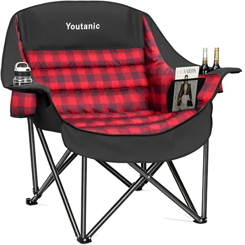 Youtanic Oversized Foldable Camping Chair 400lbs with Padded Seat & Side Pockets, Red-Black, 40.5"L x 28"W