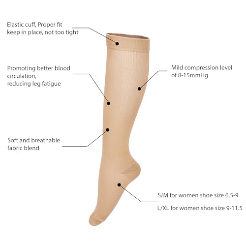 Compression Socks for Men & Women 8-15mmHg Knee-High Support – 3 Pairs, Large X-Large, Beige