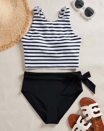 Women High Waisted Bikini Set Racerback Two-Piece Swimsuit Stripe & Black Medium