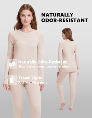 Woolcano Women's Merino Wool Thermals Base Layer Set Large Oatmeal