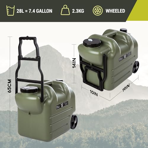 7.4 Gallon Water Jug with Wheels & Folding Handle - Leakproof Portable Water Container