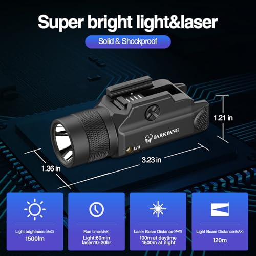 DARKFANG Tactical Flashlight & Blue Laser Light Combo - 1500 Lumen, Adjustable Rail, Rechargeable, Black - Blue