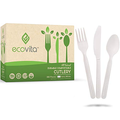 Ivory White Disposable Cutlery Set - Eco-Friendly 100% Compostable Forks Spoons Knives with Tray