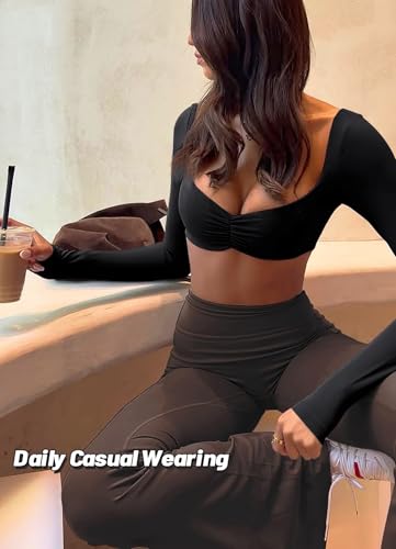 Women Square Neck Cropped Long Sleeve Workout Top with Built-in Bra - Small Black