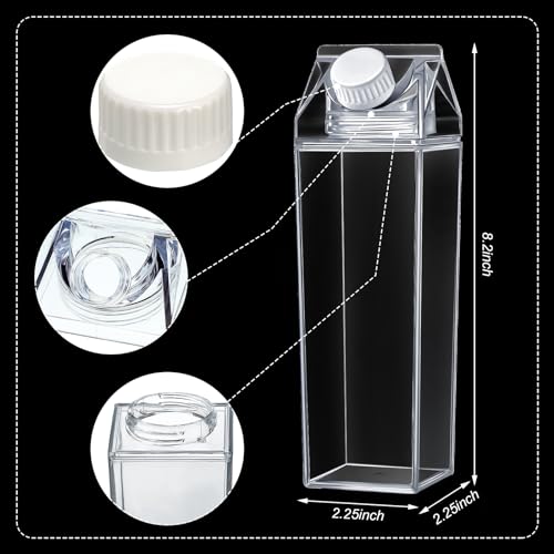 2 Pack 17oz Clear Milk Carton Water Bottles Leakproof Reusable Plastic