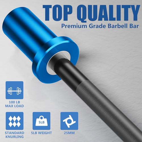 Mini Barbell Bar 5LB for Strength Training & Weightlifting - Blue Sleeves Black