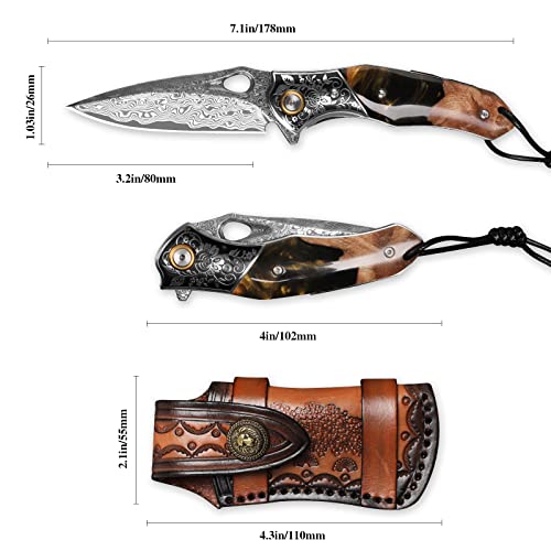 Handmade Damascus Steel Folding Knife with Maple Handle & Holster – EDC Outdoor Survival Blade