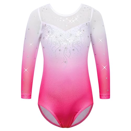 Girls Sequin Mesh Gymnastics Leotard with 3/4 Sleeve - Age 3-12Y