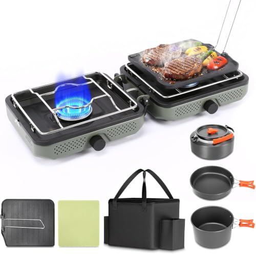 Hisencn Foldable 2 Burner Camping Stove with Cookware Set - Sage Green