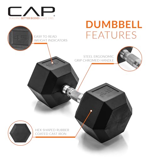 CAP Rubber Coated Hex Dumbbell - 45 lb Chrome Handle Anti-Roll Weights
