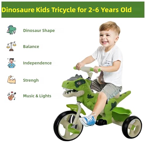 VIZZTY Dinosaur Kids Tricycle with Music & Storage Basket - Green, 3-7 Years