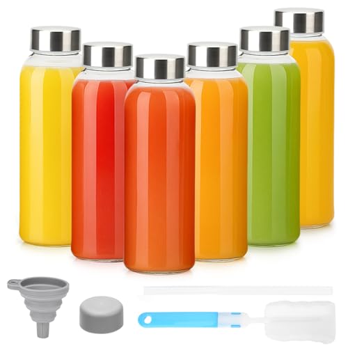 10 oz Glass Juice Bottles Set of 6 Leakproof BPA-Free Reusable with Stainless Steel Lids & Straws