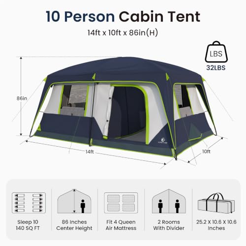 Alpha Camp 10 Person Family Camping Tent Navy Blue Weather-Resistant with Rainfly & Mesh Windows