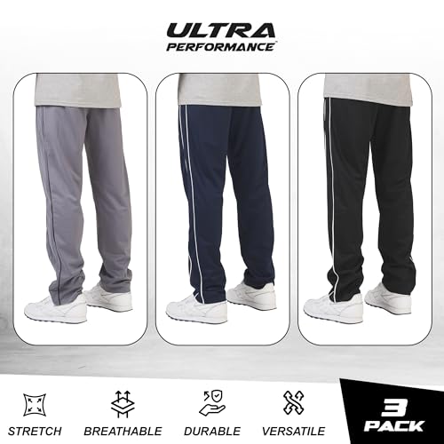 Men's Athletic Track Pants 3 Pack - Open Bottom Sweatpants, X-Large Black White & Navy