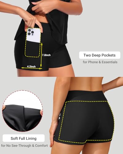 Women's Flowy Tankini Swimsuit with Tummy Control & Pocket Shorts - Medium Black
