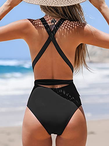 Women's Black One-Piece Swimsuit with Plunge V-Neck & Tie, Medium