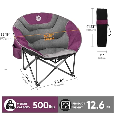 Oversized Camping Moon Chair - Purple & Grey Folding Padded Saucer with Side Pocket, 500lbs Capacity