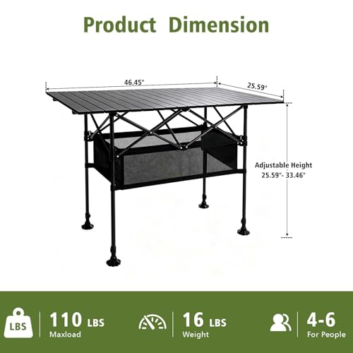Damei Century Large Black Folding Camping Table 46.45x25.6in Adjustable Height