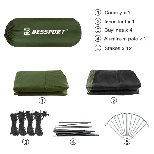 Bessport 3 Person Green Camping Tent - Lightweight Waterproof Backpacking Shelter for 3-4 Seasons
