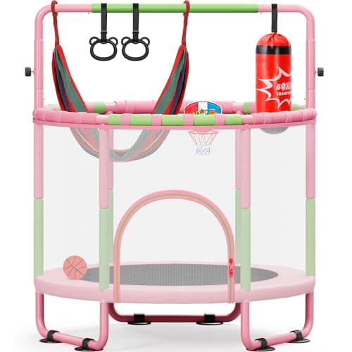 Kids 55-Inch Indoor Outdoor Trampoline with Enclosure & Adjustable Bars - Pink & Green