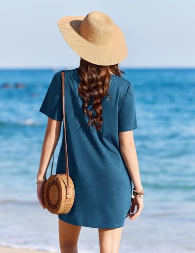 Ekouaer Women's Swimsuit Coverup T-Shirt Dress with Pockets - Grey Blue, Large