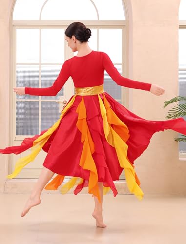 IDOPIP Metallic Praise Dance Dress for Women - Medium Red Asymmetric Ruffle Overlay Worship Costume