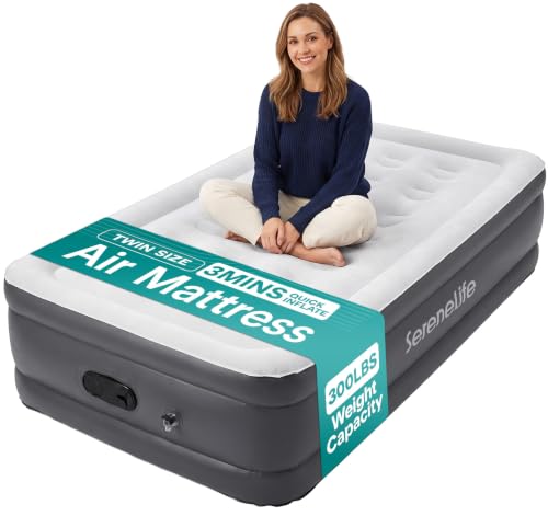 SereneLife Twin Size Raised Air Mattress with Built-in Pump, Waterproof Plush Top, 39-Inch Wide, 700 lbs Capacity — Gray
