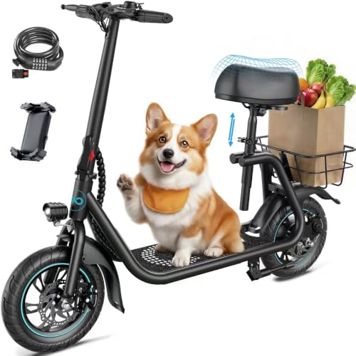 Awwscooter Electric Scooter with Seat & Basket - Classic Black, 20-Mile Range