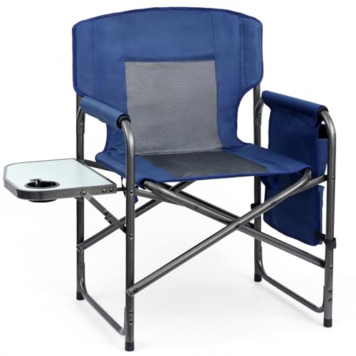 Yestomo Heavy Duty Director's Chair with Side Table & Pockets - Dark Blue/Grey