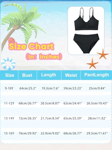Girls' 2 Piece Ribbed V-Neck Bikini Set - Black, 15-16 Years