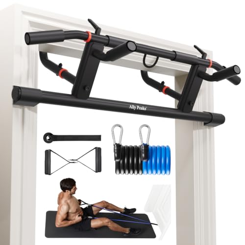 Adjustable Doorway Pull Up Bar with Resistance Bands - Matte Black and Red, Heavy-Duty Fitness Equipment