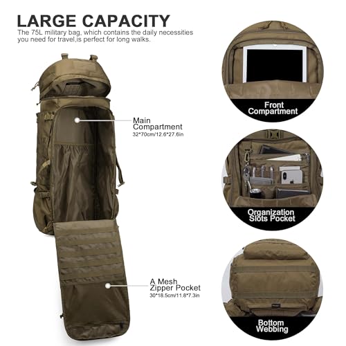 Mardingtop 75L Military Tactical Hiking Backpack Khaki with Hydration & MOLLE System