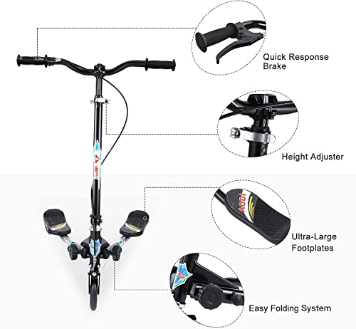 AODI Kids Foldable 3-Wheel Swing Scooter with LED Wheels & Adjustable Handlebar - Black