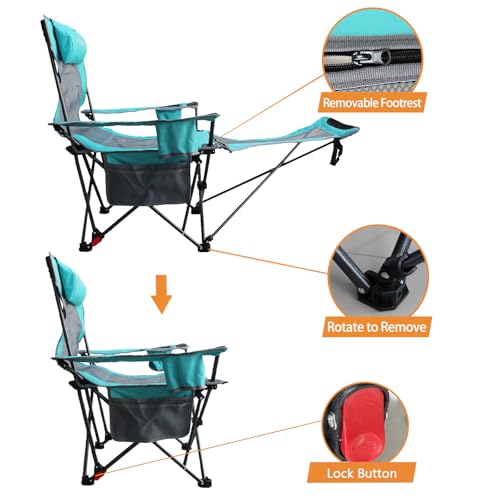 POEPORE Cyan Reclining Camping Chair with Removable Footrest & Headrest, Foldable Portable Lounger