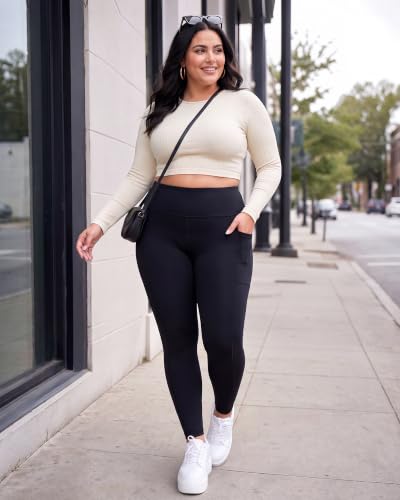 Plus Size Leggings with Pockets for Women - High Waist Tummy Control Yoga Pants 26 Inch 3X-Large Black