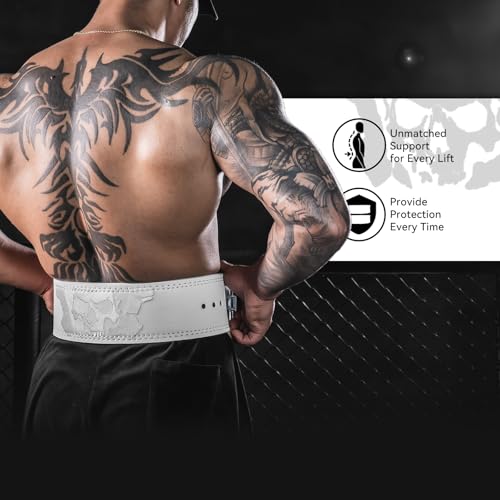 4-Inch Lever Weightlifting Belt with Heavy Duty Buckle - White, Size L
