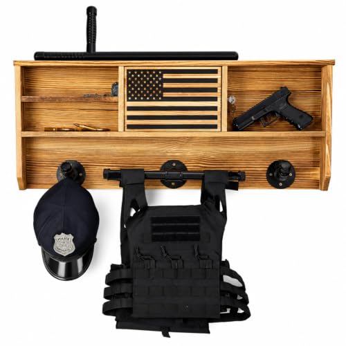 GUTE Police Wall Mounted Tactical Gear Rack with Blue American Flag & Lock - Law Enforcement Organizer