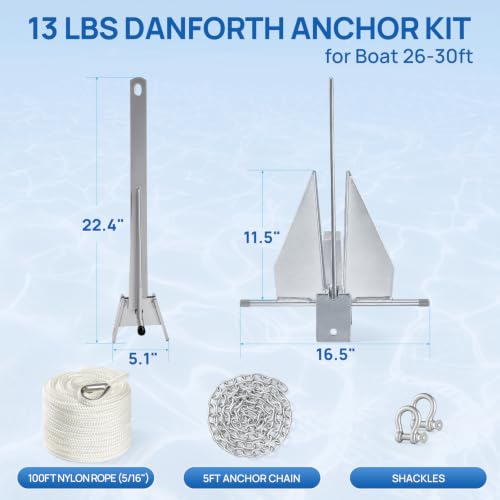13 lb Heavy Duty Boat Anchor Kit with Danforth Anchor, Chain & Rope - Suitable for 26-30 FT Vessels