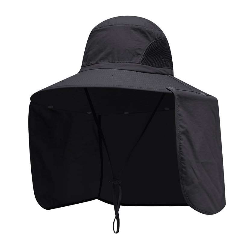 Outdoor Sun Protection Fishing Cap with Neck Flap Large Brim - One Size Black