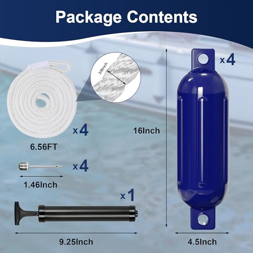 K-Musculo 8.5 Inch x 27 Inch Marine Boat Fender - Navy Blue 4 Pack for Docking, UV & Saltwater Resistant