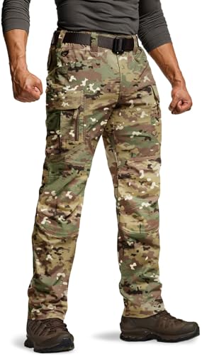 CQR Men's Flex Stretch Tactical Pants 36W x 32L, Water-Resistant Ripstop Cargo, Lightweight Outdoor Work Hiking Pants, Tempest Camo