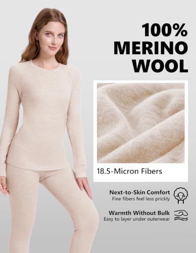 Woolcano Women's Merino Wool Thermals Base Layer Set Large Oatmeal