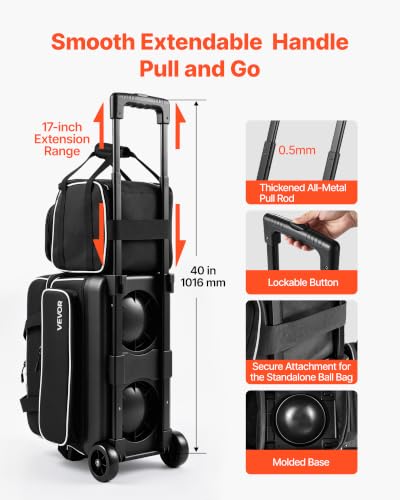 VEVOR Black 3-Ball Bowling Bag Double Roller with Shoe Compartment