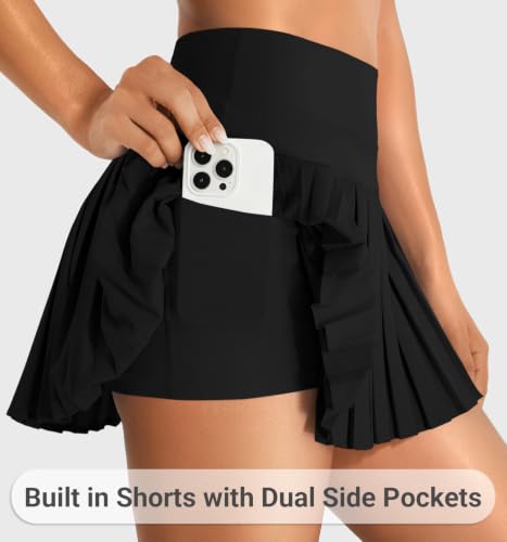 Women's Pleated Tennis Skirt with Built-in Shorts and Pockets - Medium Black