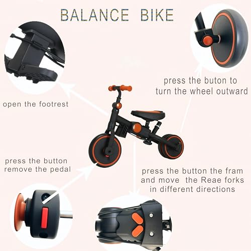 FVOJZQGD Black Foldable Toddler Tricycle with Canopy 8-in-1 Baby Balance Bike