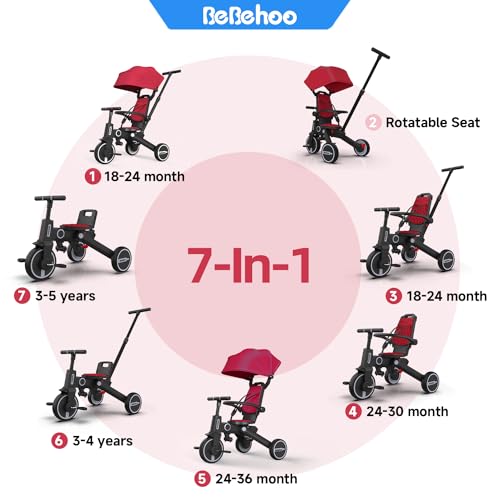 Red 7-in-1 Toddler Tricycle Stroller with Foldable Push Handle and Adjustable Seat