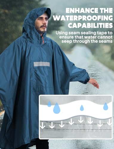 ANYOO Waterproof Hooded Rain Poncho for Adults with Zipper - Blue