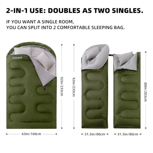 Green Double Sleeping Bag for Adults with 2 Pillows, Queen Size Camping Gear